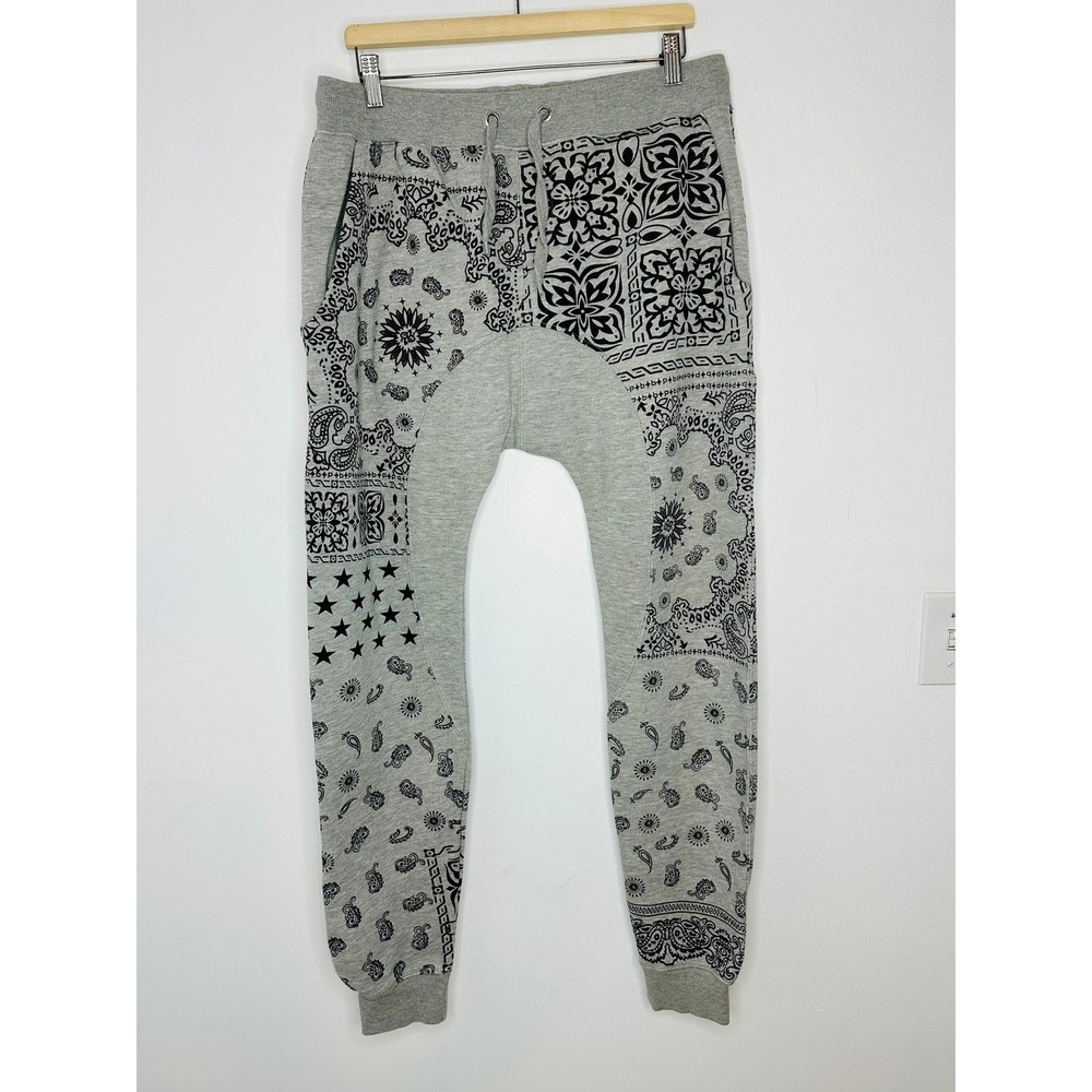 Focus Jeans Jogger Pants Mens XL Gray Bandana Print Harem Sweatpants